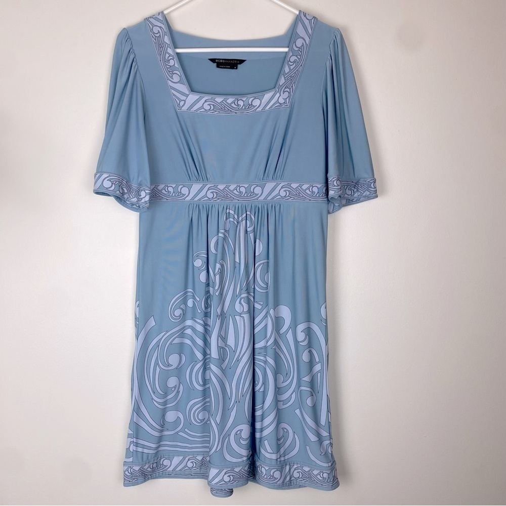 BCBG Maxazria 90s Y2K Slate Blue Printed Empire Waist  Mini Dress Phoebe Small